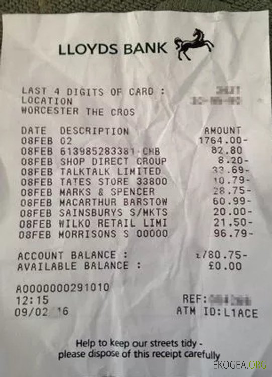 Reçu bancaire Lloyds au Royaume Uni